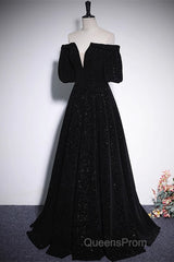 Black V-Neckline Velvet Off Shoulder Party Dress, A-Line Black Evening Prom Dress Evening Dress