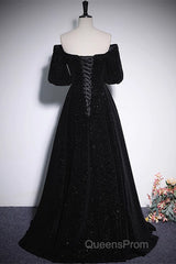 Black V-Neckline Velvet Off Shoulder Party Dress, A-Line Black Evening Prom Dress Evening Dress
