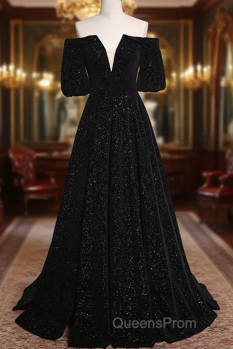Black V-Neckline Velvet Off Shoulder Party Dress, A-Line Black Evening Prom Dress Evening Dress