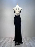 Black Velvet A-line Straps Wedding Party Dress, Black Long Evening Dress Evening Prom Dress