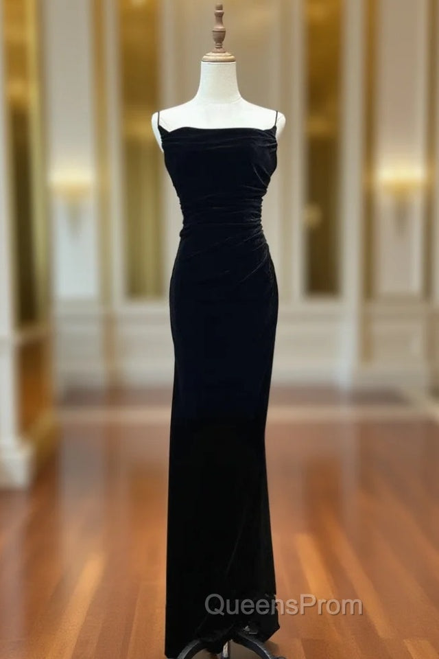 Black Velvet A-line Straps Wedding Party Dress, Black Long Evening Dress Evening Prom Dress