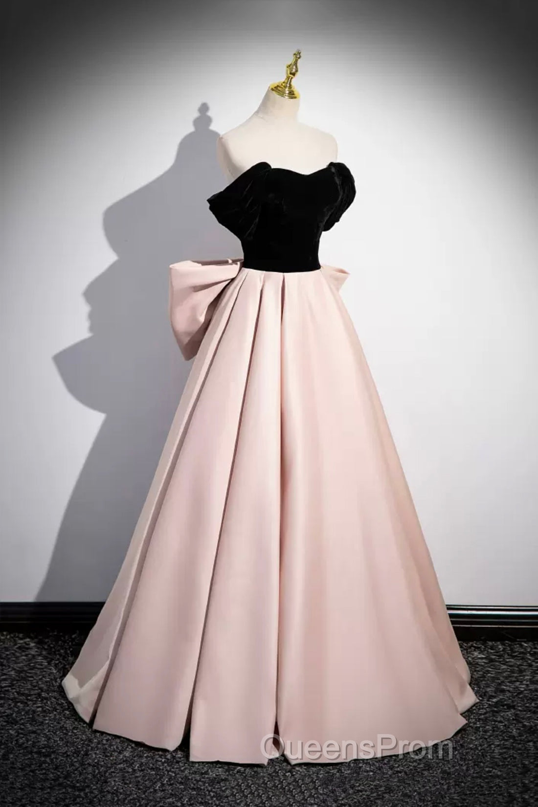Black Velvet And Pink Satin Long Evening Prom Dress, Beautiful A-Line Evening Party Dress With Bow Secondary image