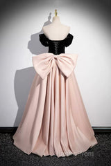 Black Velvet And Pink Satin Long Evening Prom Dress, Beautiful A-Line Evening Party Dress With Bow