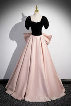Black Velvet And Pink Satin Long Evening Prom Dress, Beautiful A-Line Evening Party Dress With Bow