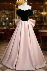 Black Velvet And Pink Satin Long Evening Prom Dress, Beautiful A-Line Evening Party Dress With Bow