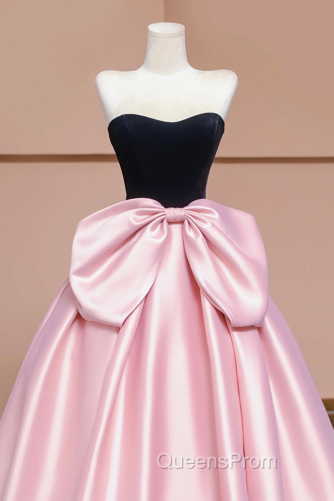 Black Velvet and Pink Satin Long Evening Prom Dress with Bow, Beautiful A-Line Strapless Evening Party Dress