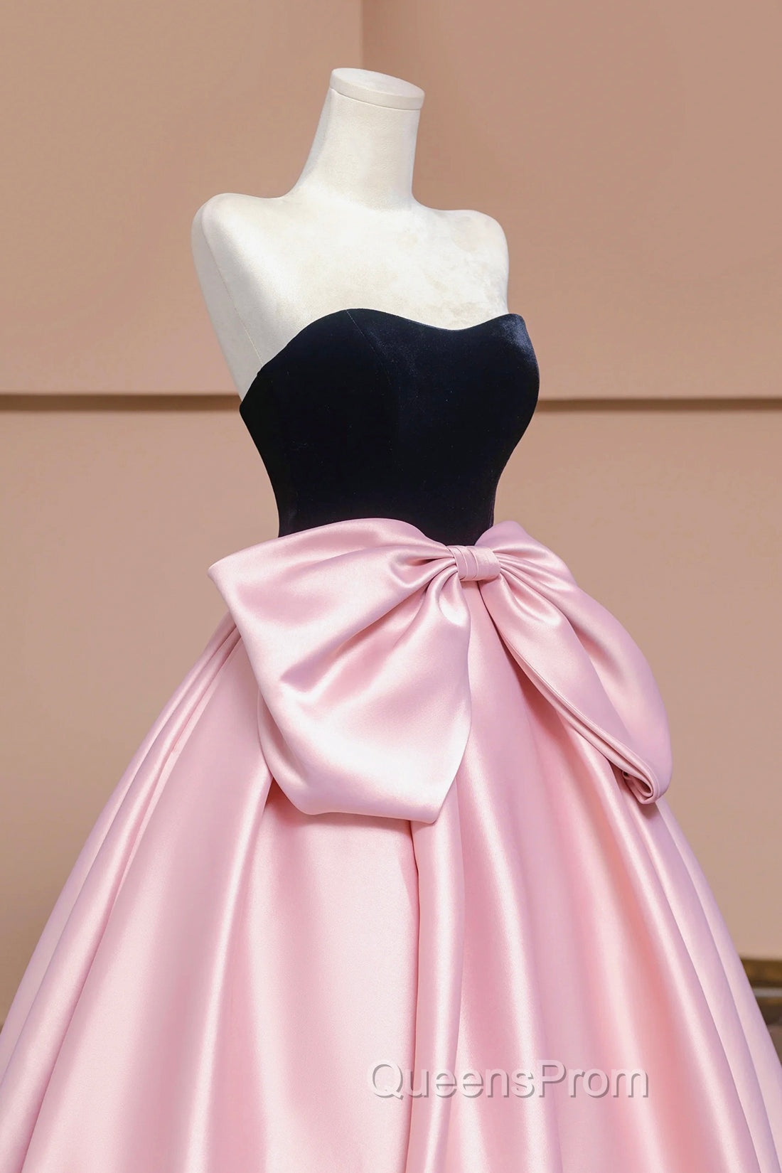 Black Velvet and Pink Satin Long Evening Prom Dress with Bow, Beautiful A-Line Strapless Evening Party Dress