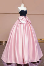 Black Velvet and Pink Satin Long Evening Prom Dress with Bow, Beautiful A-Line Strapless Evening Party Dress
