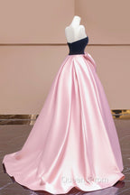 Black Velvet and Pink Satin Long Evening Prom Dress with Bow, Beautiful A-Line Strapless Evening Party Dress