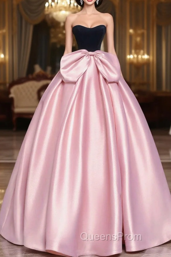 Black Velvet and Pink Satin Long Evening Prom Dress with Bow, Beautiful A-Line Strapless Evening Party Dress Main image