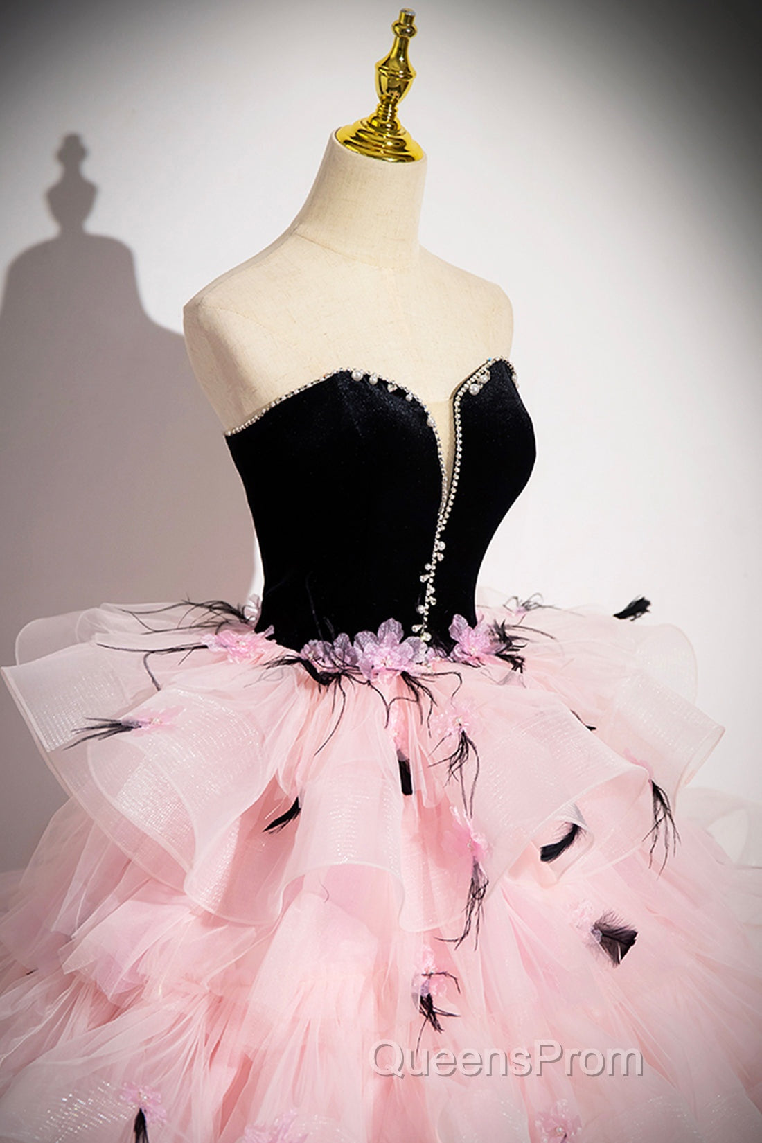 Black Velvet And Pink Tulle Strapless Ball Gown, Pink Backless Ruffles Formal Evening Dress
