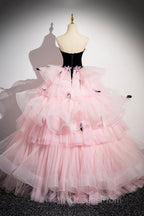 Black Velvet And Pink Tulle Strapless Ball Gown, Pink Backless Ruffles Formal Evening Dress