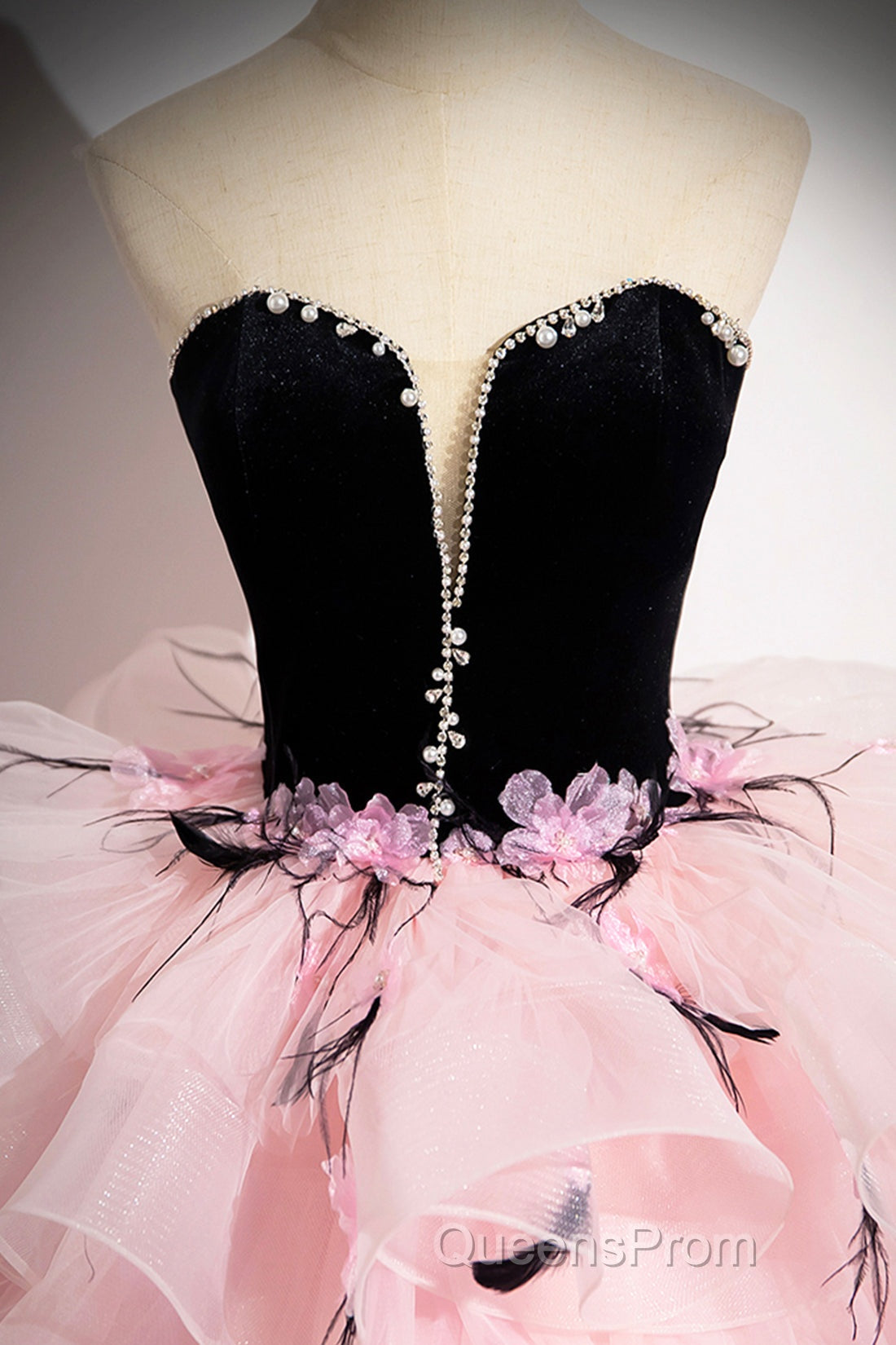 Black Velvet And Pink Tulle Strapless Ball Gown, Pink Backless Ruffles Formal Evening Dress