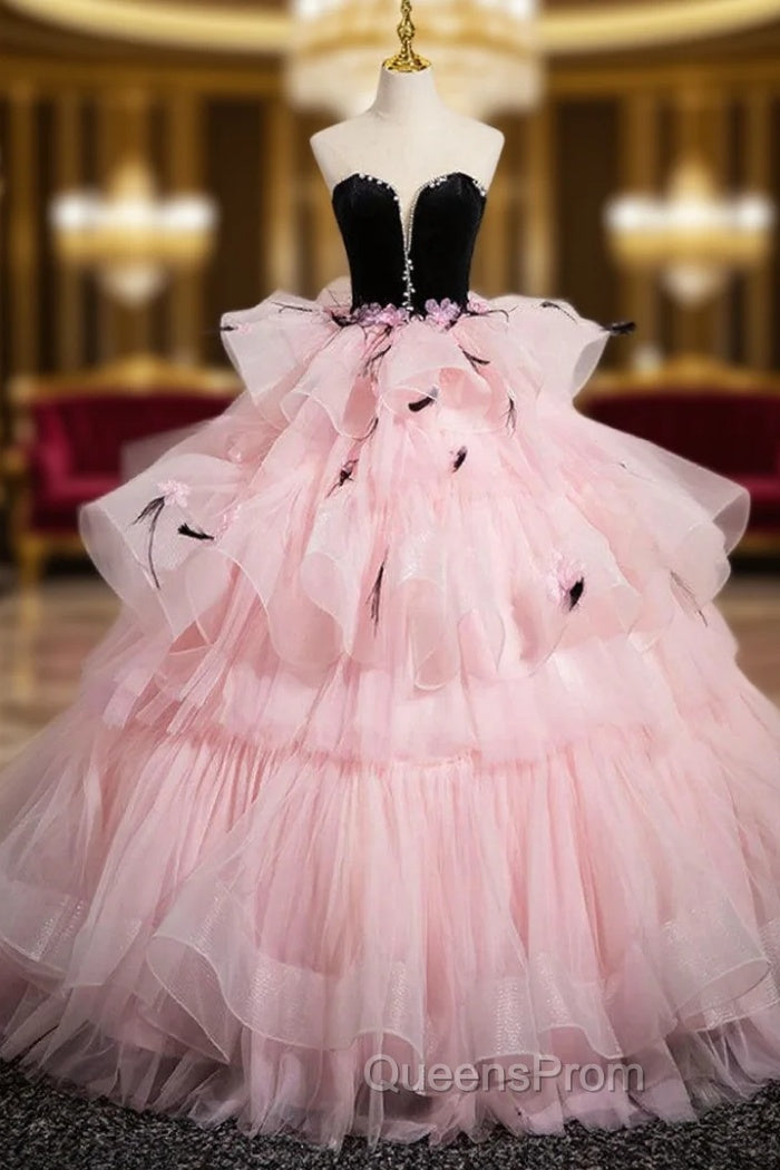 Black Velvet and Pink Tulle Strapless Evening Prom Dress