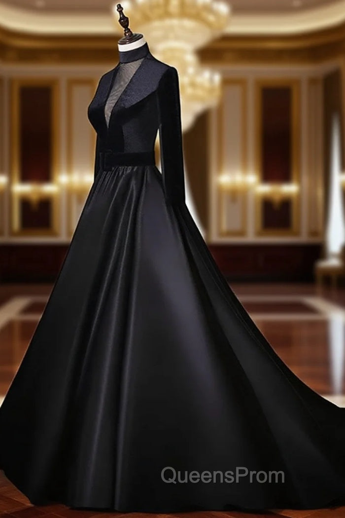 Black Velvet and Satin Long Sleeves See Through Back Evening Dress, Black Evening Dress Main image