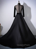 Black Velvet and Satin Long Sleeves See Through Back Evening Dress, Black Evening Dress