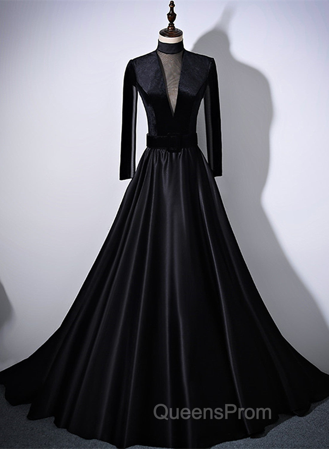 Black Velvet and Satin Long Sleeves See Through Back Evening Dress, Black Evening Dress Secondary image