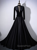 Black Velvet and Satin Long Sleeves See Through Back Evening Dress, Black Evening Dress
