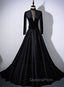 Black Velvet and Satin Long Sleeves See Through Back Evening Dress, Black Evening Dress