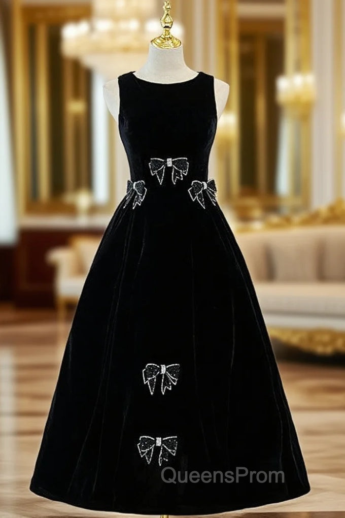 Black Velvet Backless Tea Length Beading Evening Prom Dress