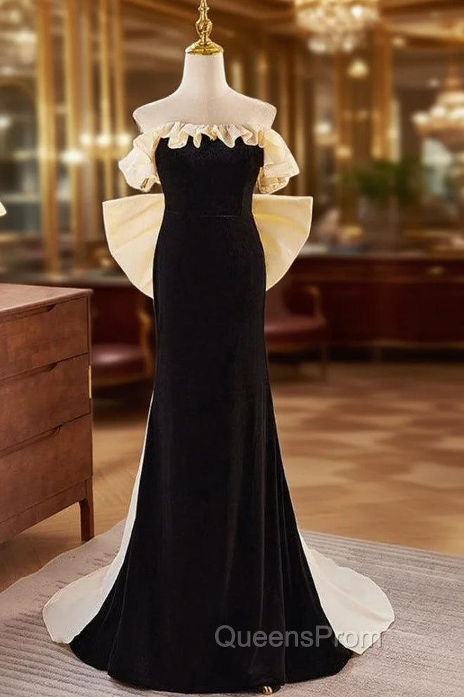 Black Velvet Champagne Bow Strapless Evening Prom Dress Main image