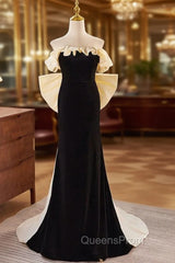 Black Velvet Champagne Bow Strapless Evening Prom Dress