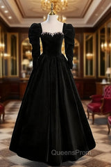 Black Velvet Crystal Evening Prom Dress With Detachable Sleeve