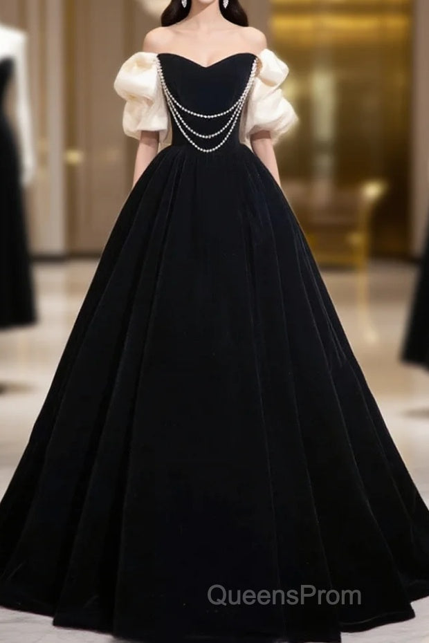 Black Velvet Floor Length Evening Prom Dress, Off The Shoulder A-Line Evening Party Dress Main image