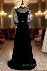 Black Velvet High Short Sleeve Backless Beading Evening Prom Dress