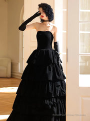 Black Velvet Layers Strapless Long A-line Prom Dress, Black Velvet Formal Dress