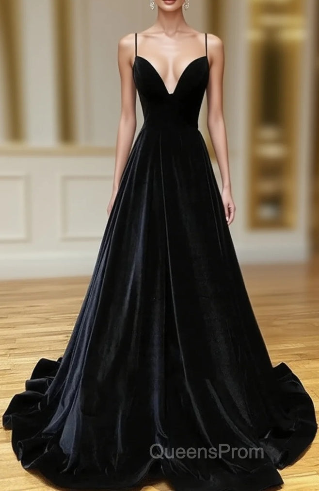 Black Velvet Long A-line Low Back Evening Prom Dress Black V Neck Wedding Party Dress Evening Prom Dress shops Main image