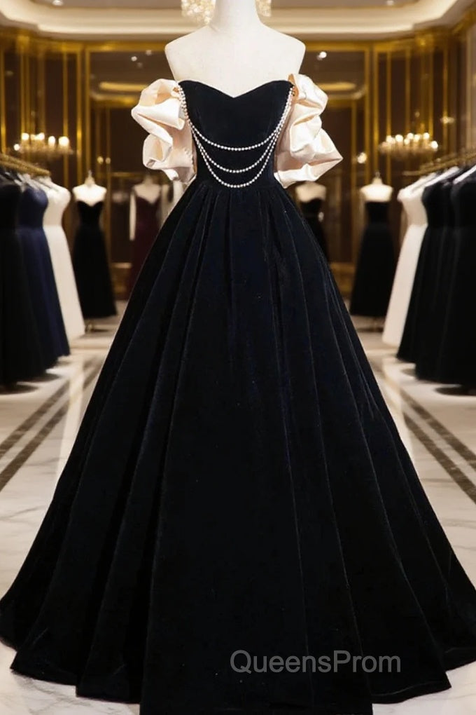 Black Velvet Long A-Line Evening Prom Dress, Off The Shoulder Evening Party Dress Main image