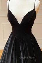 Black Velvet Long A-Line Evening Prom Dress, V-Neck Backless Evening Dress