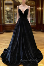 Black Velvet Long A-Line Evening Prom Dress, V-Neck Backless Evening Dress