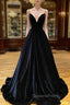 Black Velvet Long A-Line Evening Prom Dress, V-Neck Backless Evening Dress