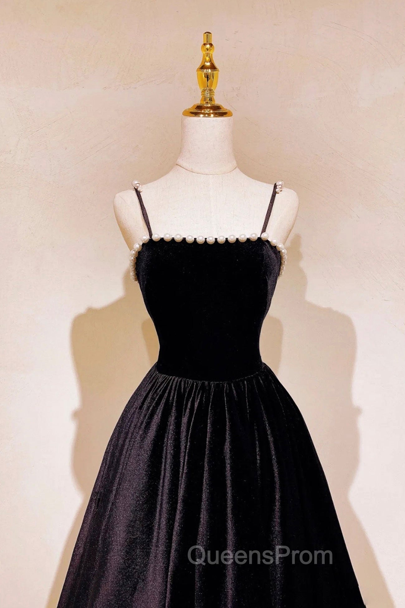 Black Velvet Long Evening Prom Dress with Pearls, Black Spaghetti Straps Evening Party Dress
