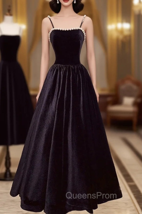 Black Velvet Long Evening Prom Dress with Pearls, Black Spaghetti Straps Evening Party Dress Main image
