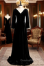 Black Velvet Long Sleeve Button Pleats Evening Prom Dress