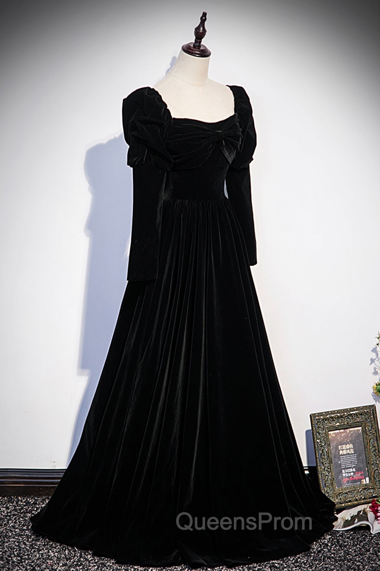 Black Velvet Long Sleeve Evening Prom Dress, A-Line Evening Party Dress Secondary image