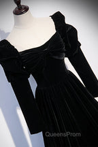 Black Velvet Long Sleeve Evening Prom Dress, A-Line Evening Party Dress