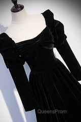 Black Velvet Long Sleeve Evening Prom Dress, A-Line Evening Party Dress