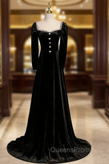 Black Velvet Long Sleeve Square Beading Evening Prom Dress