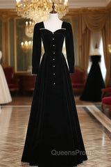 Black Velvet Long Sleeve Square Neck Evening Prom Dress