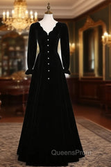 Black Velvet Long Sleeve V-neck Evening Prom Dress