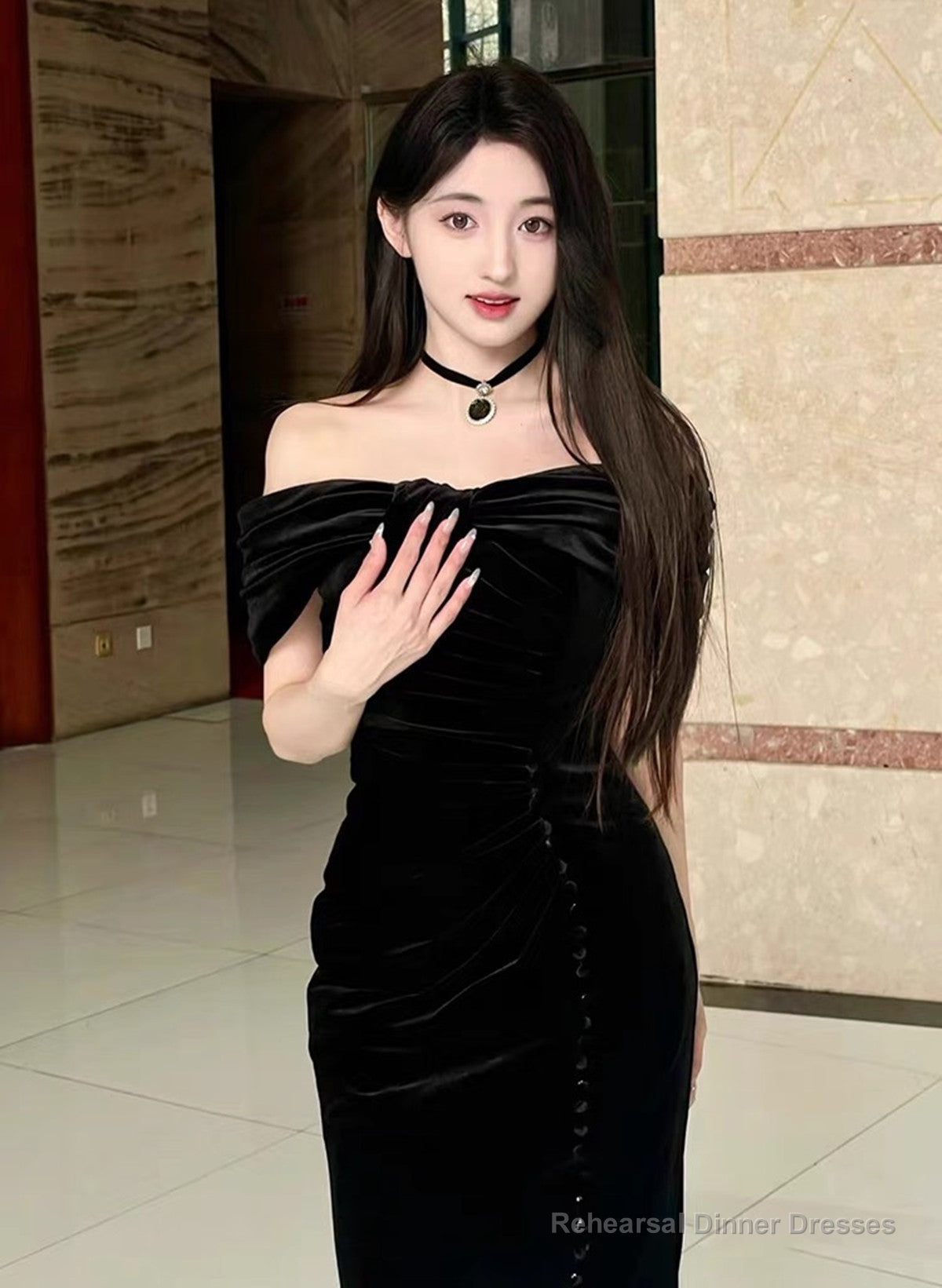 Black Velvet Mermaid Off Shoulder Long Party Dress, Black Velvet Prom Dress Secondary image
