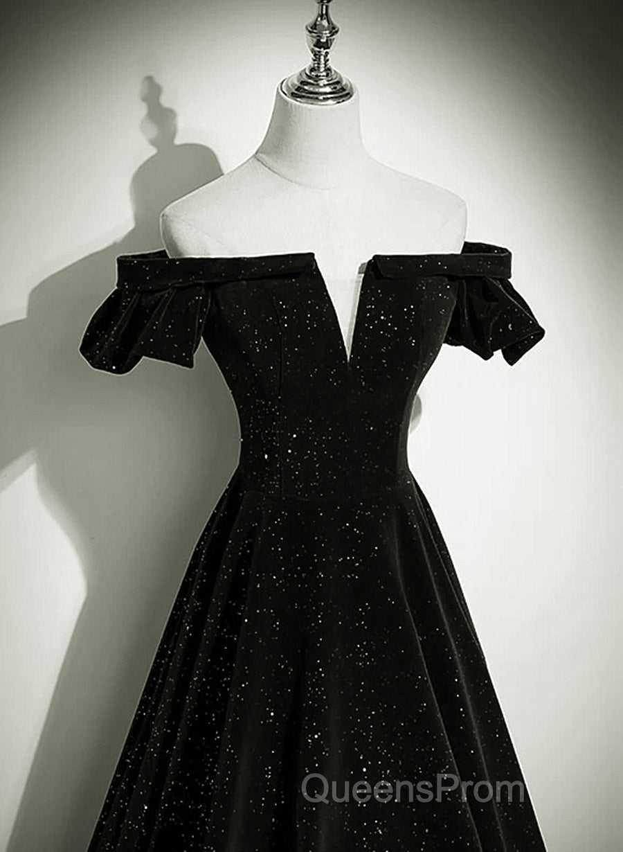 Black Velvet Off Shoulder A-Line Long Evening Prom Dress, Black Simple Wedding Party Dress Secondary image