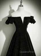 Black Velvet Off Shoulder A-Line Long Evening Prom Dress, Black Simple Wedding Party Dress