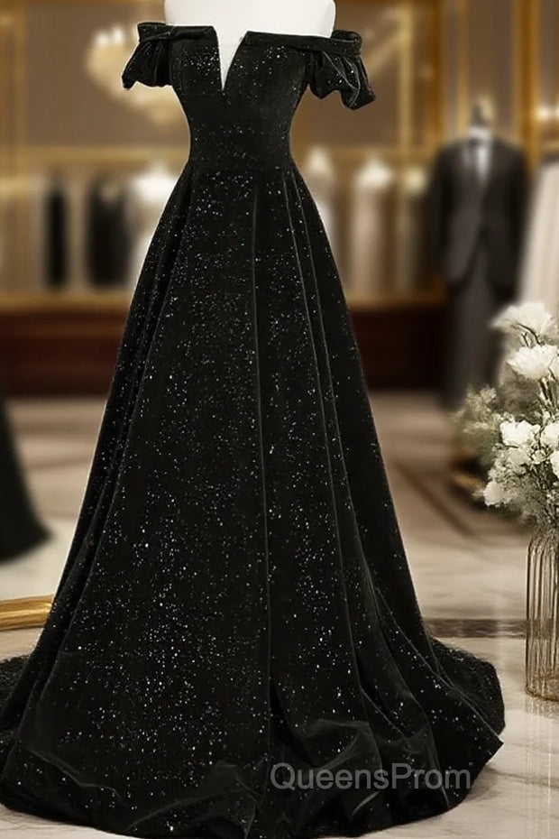 Black Velvet Off Shoulder A-Line Long Evening Prom Dress, Black Simple Wedding Party Dress Main image