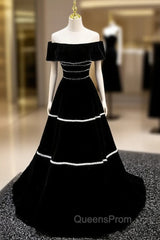 Black Velvet Off the Shoulder Pearls Evening Prom Dress