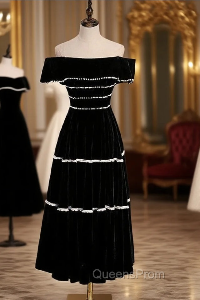 Black Velvet Off the Shoulder Pearls Short Evening Prom Dress Main image